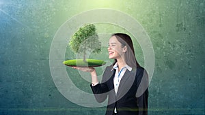 Portrait of young woman holding green tree on the open hand palm, over isolated studio background. Business, eco concept