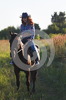 Portrait of a young woman and horse in the meadow at summer evening