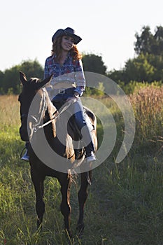 Portrait of a young woman and horse in the meadow at summer evening