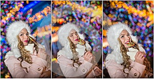Portrait of young woman with long fair hair posing outdoor in cold winter evening. Beautiful blonde holding a big lollipop