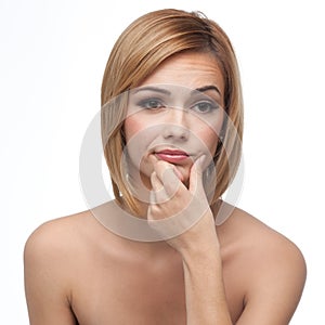 Portrait of a young woman looking borred