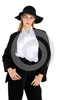 Portrait of young woman in office suit and hat