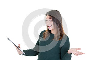 Portrait of young woman with phone surprised looks smartphone in white background
