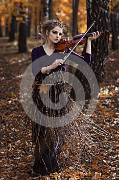 Portrait of young woman playing violin in the fall park