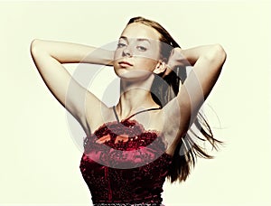 Portrait of a Young Woman in Red Dress.