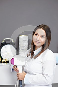 Portrait of a young woman in a salon.