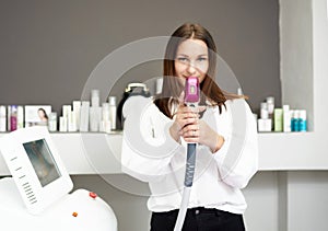 Portrait of a young woman in a salon.