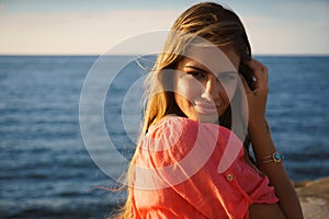 Portrait young woman smile happy sea beauty