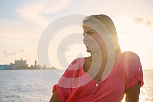 Portrait young woman smile happy sea beauty