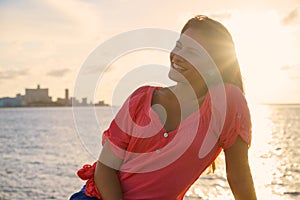 Portrait young woman smile happy sea beauty