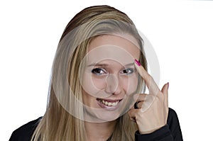 Portrait of a young woman smiling on white background