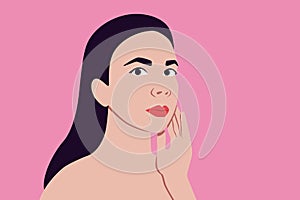 Portrait of a young woman touching her face on a pink background. Vector illustration