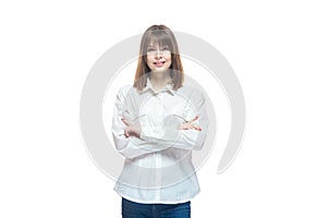 Portrait of a young woman wearing a white shirt. Business lady concept. Isolated white background.