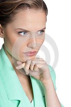 Portrait of young woman on white background