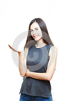 Portrait young woman. White background. Hold hands.