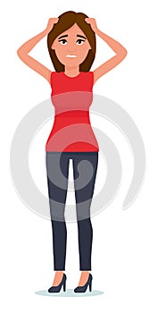 Portrait young woman who grabbed her head in fear. Human facial expression, body language, reaction, life perception. Vector flat