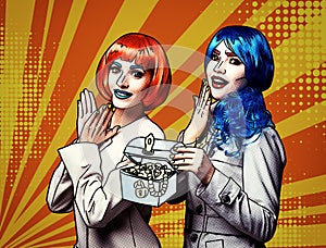 Portrait of young women in comic pop art make-up style on yellow - orange cartoon background