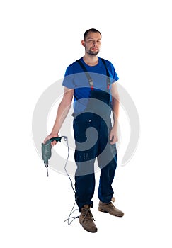 Portrait of a young worker standing on white background photo