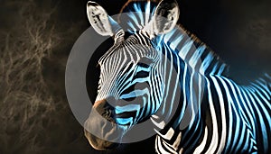 Portrait of zebra on dark background. Wild African animal. Safari and wildlife