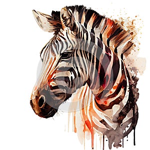 Portrait of a zebra made in watercolor technique on a white background. African herbivore with watercolor splashes.