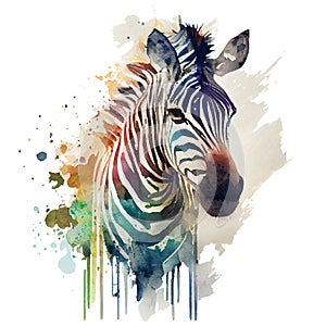 Portrait of a zebra made in watercolor technique on a white background. African herbivore with watercolor splashes.