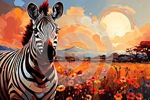 Portrait of a zebra in the savanna. Oil painting in the style of impressionism