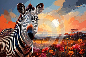 Portrait of a zebra in the savanna. Oil painting in the style of impressionism