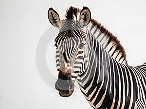 Portrait of a zebra on a white background.
