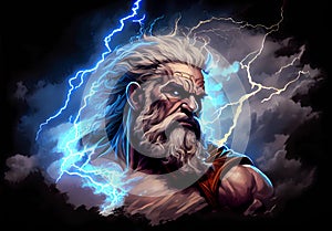portrait of Zeus against the background of clouds and lightning.