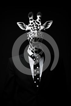 Portrait of a ziraffe wearing outfit.