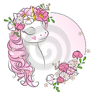 Portraitof cute unicorn  with flowers.