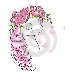 Portraitof cute unicorn  with flowers and butterfly on white