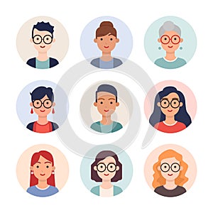 Portraits and avatars of people at round frame. Different men and women characters collection. Flat colorful vector illustration.