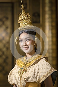 Portraits of beautiful Thai women dressed in traditional Thai national costumes, smiling beautifully