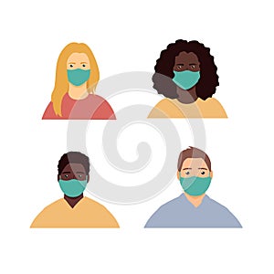 Portraits of black and white people in medical masks, flat vector illustration