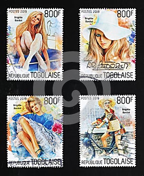 Portraits of Brigitte Bardot on a series of stamps