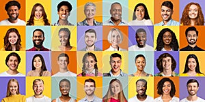 Portraits Collage, Multicultural Females And Males Faces Over Colorful Backgrounds