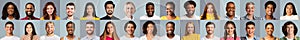Portraits Collage Of Multiracial Young And Mature People, Gray Backgrounds