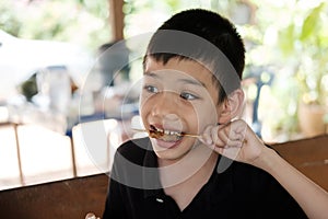 Portraits Cute Asian Thai Boy eats grilled pork with deliciousness exciting action