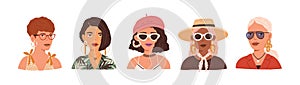 Portraits of different young modern women wearing straw hat, beret, sunglasses and eyeglasses. Set of stylish and