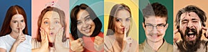 Portraits of group of people on multicolored background, collage.