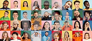 Portraits of group of people on multicolored background, collage.