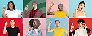 Portraits of group of people on multicolored background, collage.