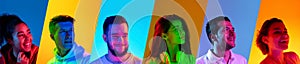 Portraits of group of people on multicolored background in neon light, collage.