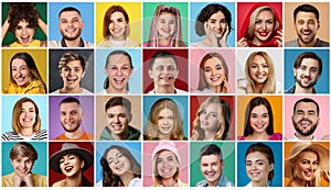 portraits of group of various smiling young men and women,