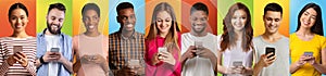 Portraits Of Happy Multiethnic People With Smartphones Posing Over Colorful Backgrounds