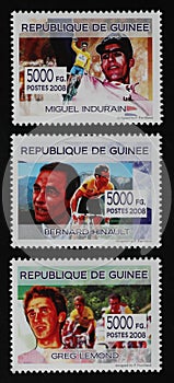 Portraits of Indurain, Hinault and Lemond on postage stamps