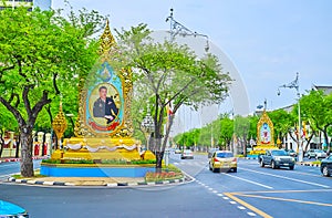 The portraits of King Rama X at Ratchadamnoen Avenue, Bangkok, Thailand