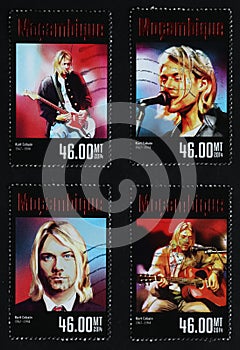 Portraits of Kurt Cobain on a series of four stamps