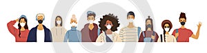 Portraits of men and women of different nationalities wearing medical masks. Virus protection rules. Flat vector